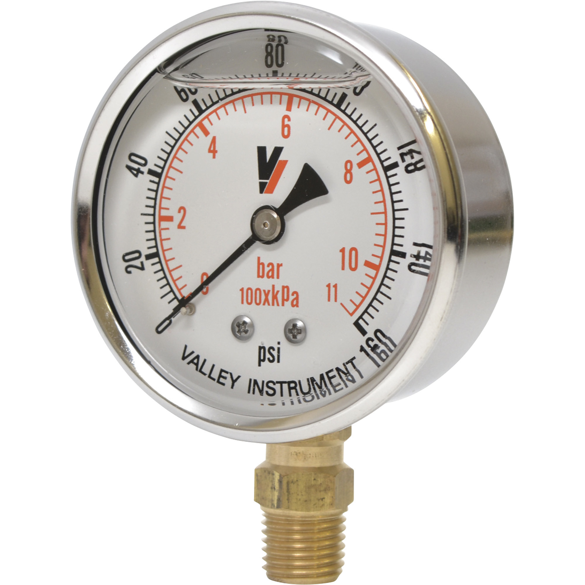Valley Industries, 2.5in. Bottom Mt Gauge 160PSI, Case Material Stainless Steel, Min. Operating Pressure 0 PSI, Max. Operating Pressure 160 PSI, Model# 2143GXB160